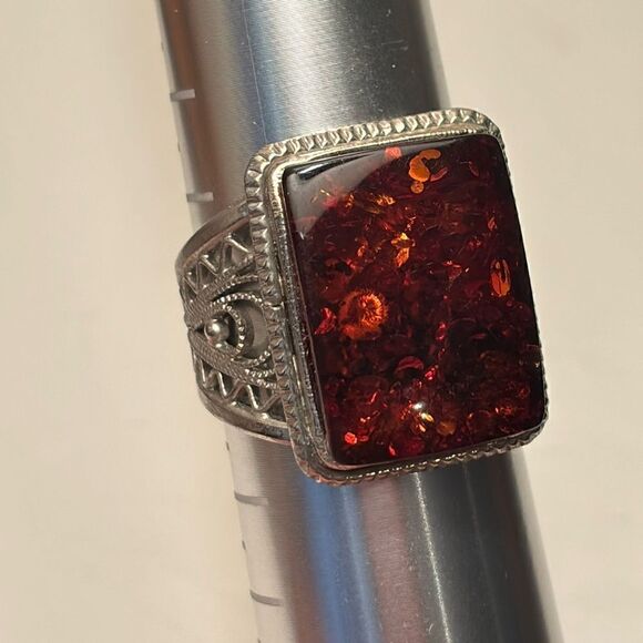 Other - Vintage Men’s Lithuanian Baltic Amber Silver Tone Ornate Square Ring Size 11